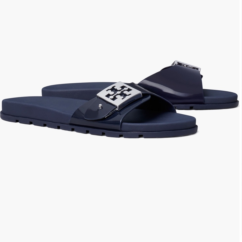 Tory Burch Buckle Slide Sandals size 7 EUC New Navy/Silver